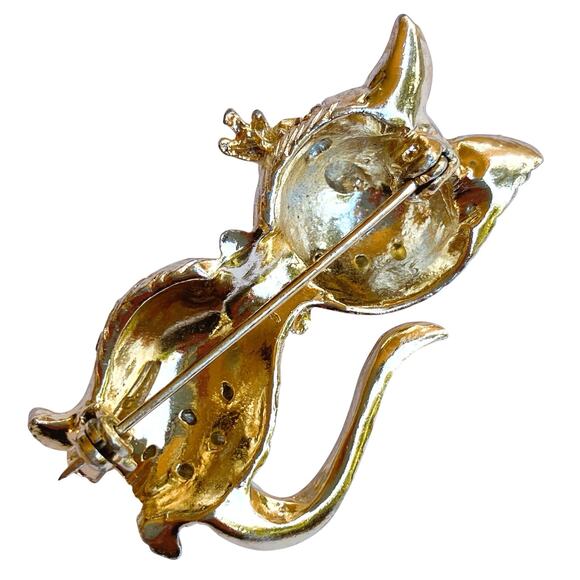 Vintage Mid Century Cat Brooch AB Rhinestones Green Eyes Kitschy Gold Tone Pin - Picture 8 of 9